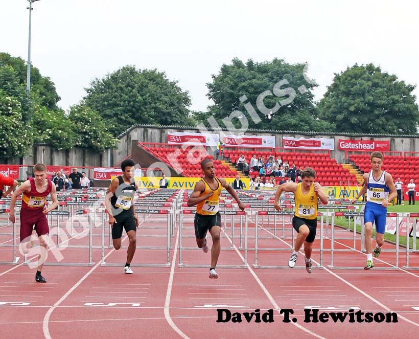 No 77 Kertis Beswick (Surrey) wins the Inter Boys 100 metres Hurdles.